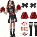 Halloween Cheerleader Costume for Girls, Zombie Cheer Uniform Outfit, Scary Cheerleading Costume for Party Dress Up (9-10Years)