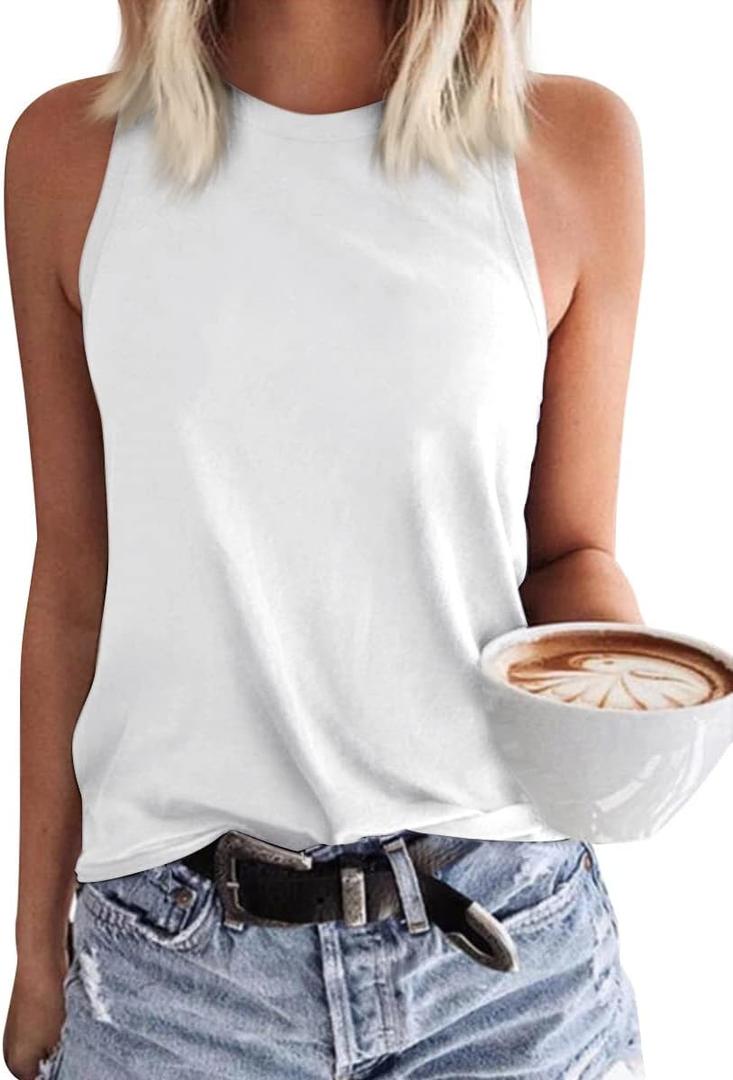 Langwyqu Womens' Crewneck Sleeveless Summer Casual Loose Fit Basic Shirts (Large, White)