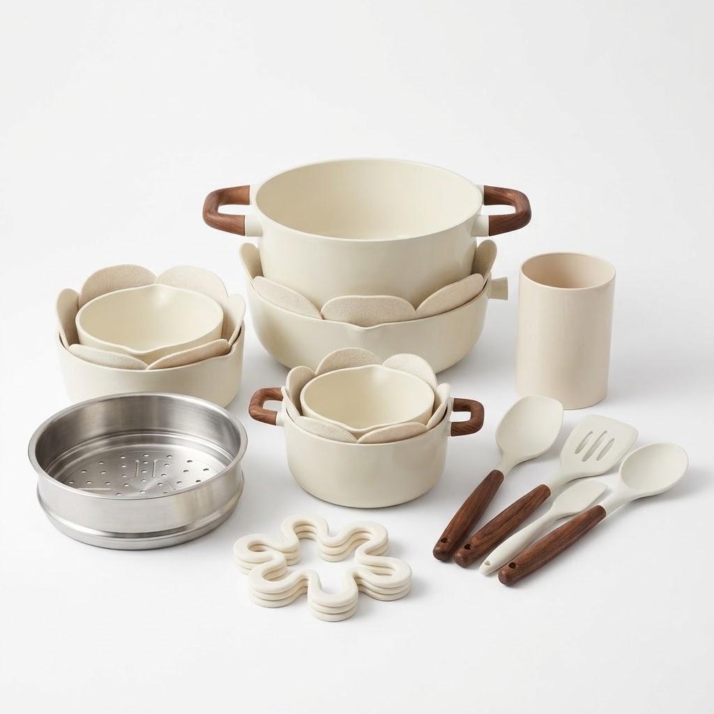 CAROTE 21pcs Ceramic Cookware Set, Pots and Pans Set | Non-Toxic Healthy Cooking Set with Silicone Lids, Dishwasher Safe, Even Heating, with Steamer & Silicone Trivet, PFAS FREE