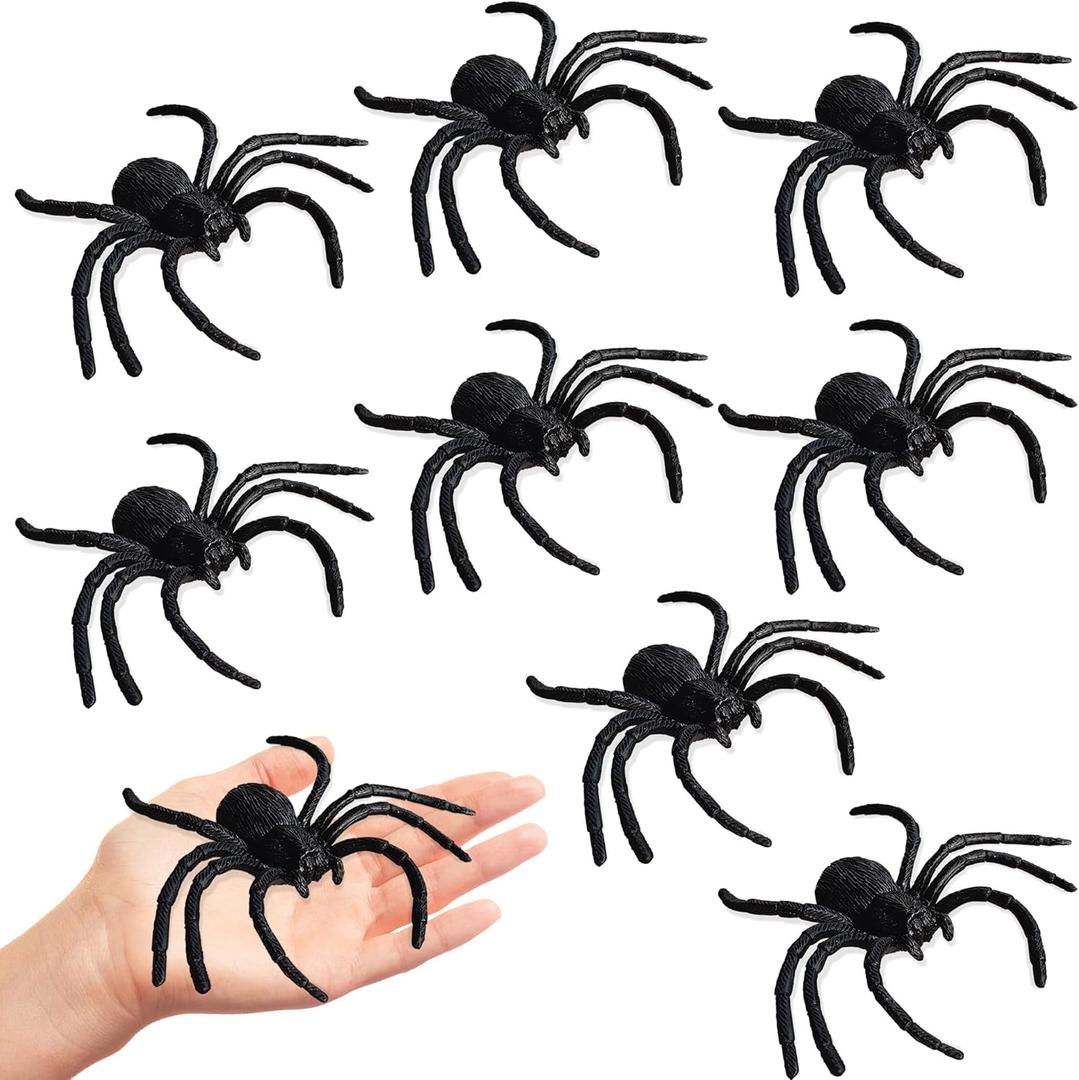 Realistic Plastic Spiders Halloween Decorations - 8 PCS Black Big Halloween Fake Spiders for Web Decorations, Realistic Fun Toys Prank Props Scare Practical Surprise Joke Party Decor, 3.9 x 3.7 Inch