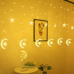 Moon Star String Lights with Controller 138 LEDs for Ramadan, Fairy Curtain String Light 8 Modes String Light Hanging Decorations for Eid Birthday Home Bedroom Wall Balcony Window Decor