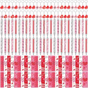 150 Pcs Valentine's Day Gift Bulk Set 50 Ballpoint Pens, 50 Heart Keychains, 50 Greeting Cards, Valentine Exchange Gift Party Favors