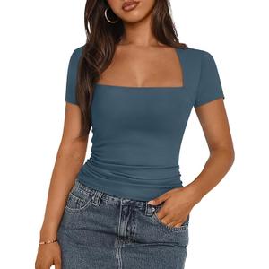 Trendy Queen Women's Square Neck Tops Short Sleeve Shirts Double Lined Workout Summer Clothes Casual Slim Fit T-Shirts, Size: M