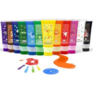 Washable Finger Paint with a Sponge Head, 12 Colors (1.69fl oz/Tube) Non-Toxic, Toddler Painting Set for Kids Boys Girls Gifts, Hand-Painted DIY, Ages 1-3 4 5 6+