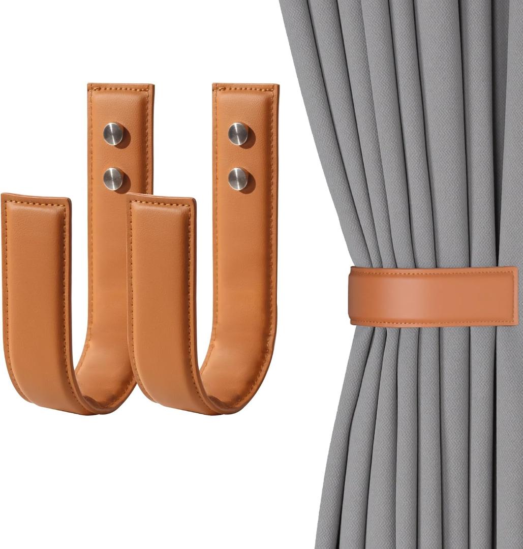 OCIOLI 2 Pack Modern Curtain Holdbacks U Shaped Curtain Tiebacks PU Leather Drapery Holdbacks Curtain Pull Backs Curtain Wall Hooks Curtain Holders for Drapes (2, Coffee)