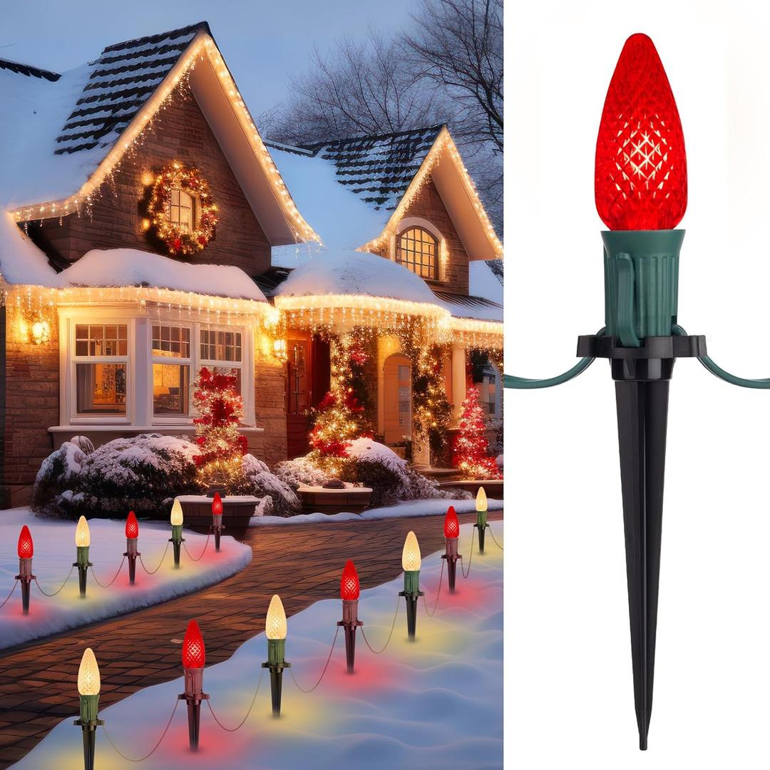 C9 LED Christmas String Lights Outdoor, 26 Feet 20 LED Christmas Pathway Lights with 20 Plastic Stakes, Connectable Waterproof for Driveways Xmas Holiday Patio Decoration, Red and Warm White (1 Pack)