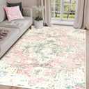 DELISEPT 5x7 Washable Area Rugs Green and Pink Rug for Bedroom Girls Soft Boho Vintage Floor Carpet Non-Slip Oriental Rug for Bedside Nursery Living Room Dinning Room