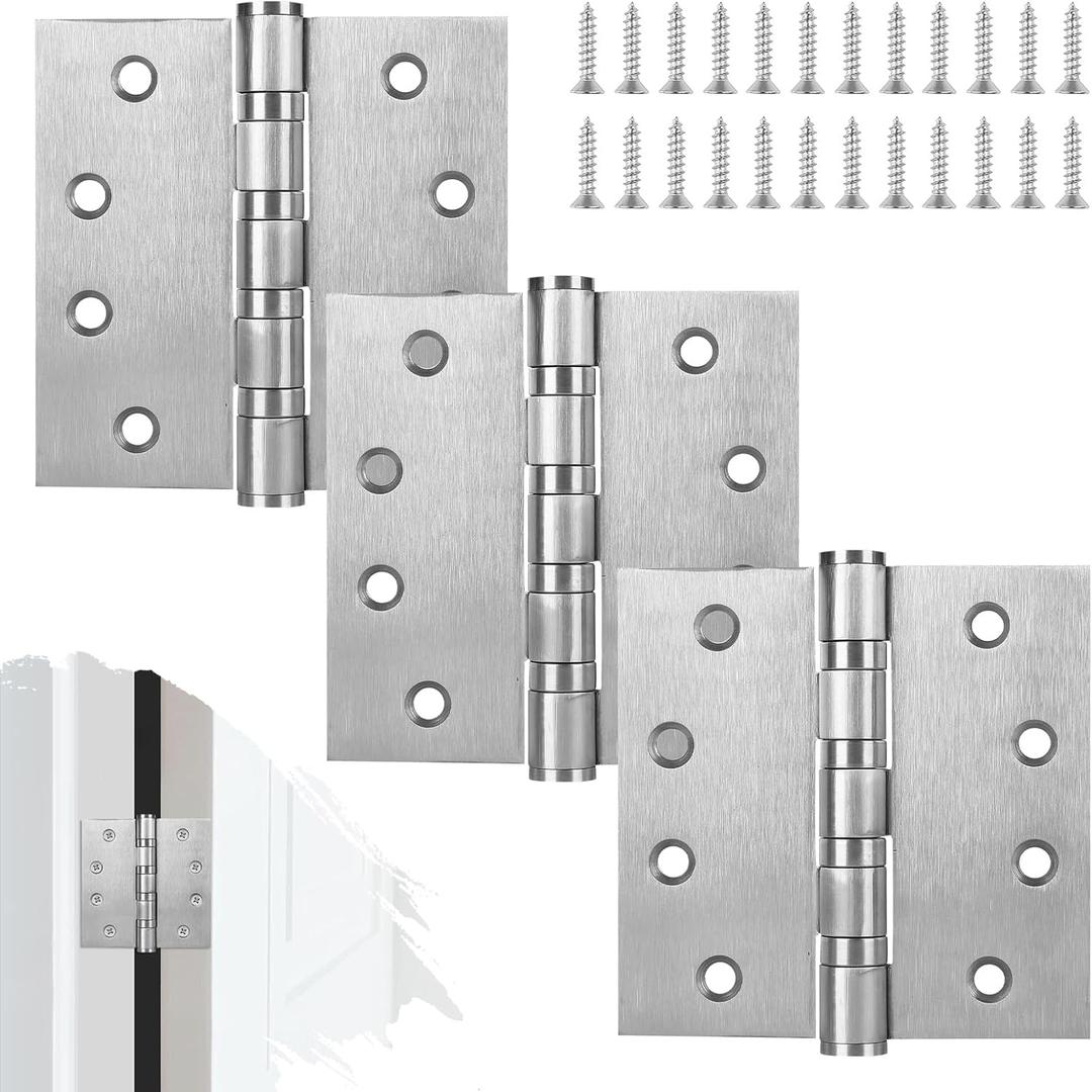 3Pcs Stainless Steel Silver Door Hinges, 4 x 4 Inch Door Hinge with Ball Bearing, Heavy Duty Door Hardware, Door Hinges with Square Corners