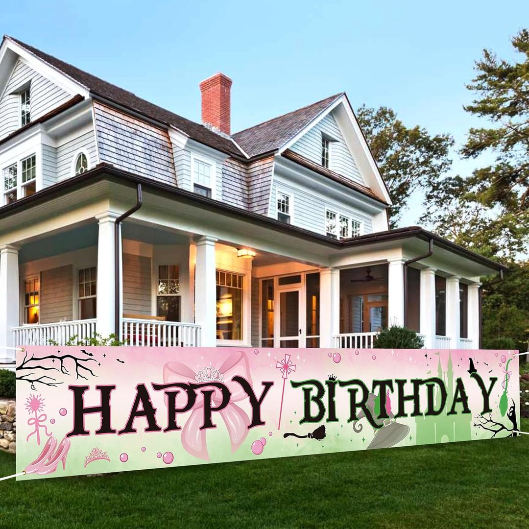 Pink And Green Movie Theme Birthday Banner, Magical Good And Bad Party Decor, Princess Girls Birthday Party Supply, Halloween Bday Banner