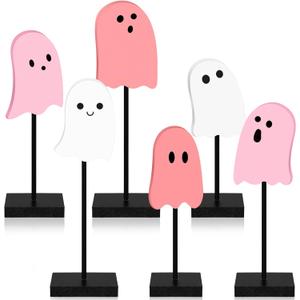 6 Pcs Halloween Farmhouse Ghost Table Decor Halloween Pink Cute Ghost Tiered Tray Decorations Pink White Boo Table Centerpiece Distressed Block Wood Sign for Home Desk Office Party Decor