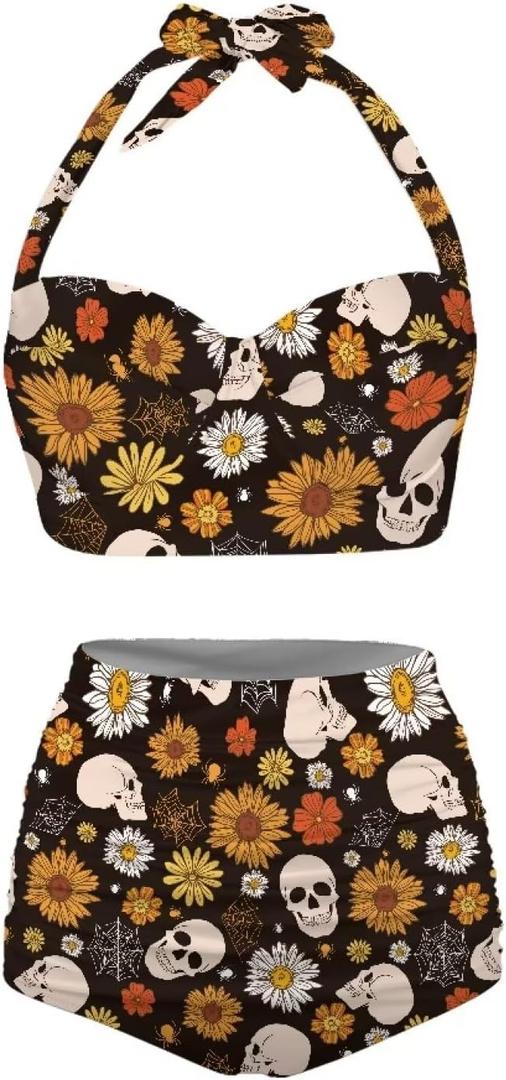 Butterfly Women's Retro Ruched Ruffle High Waist Bikini Set, Flag Tankini Swimsuits Tummy Control Swimwear (S, Retro Goth Skull)