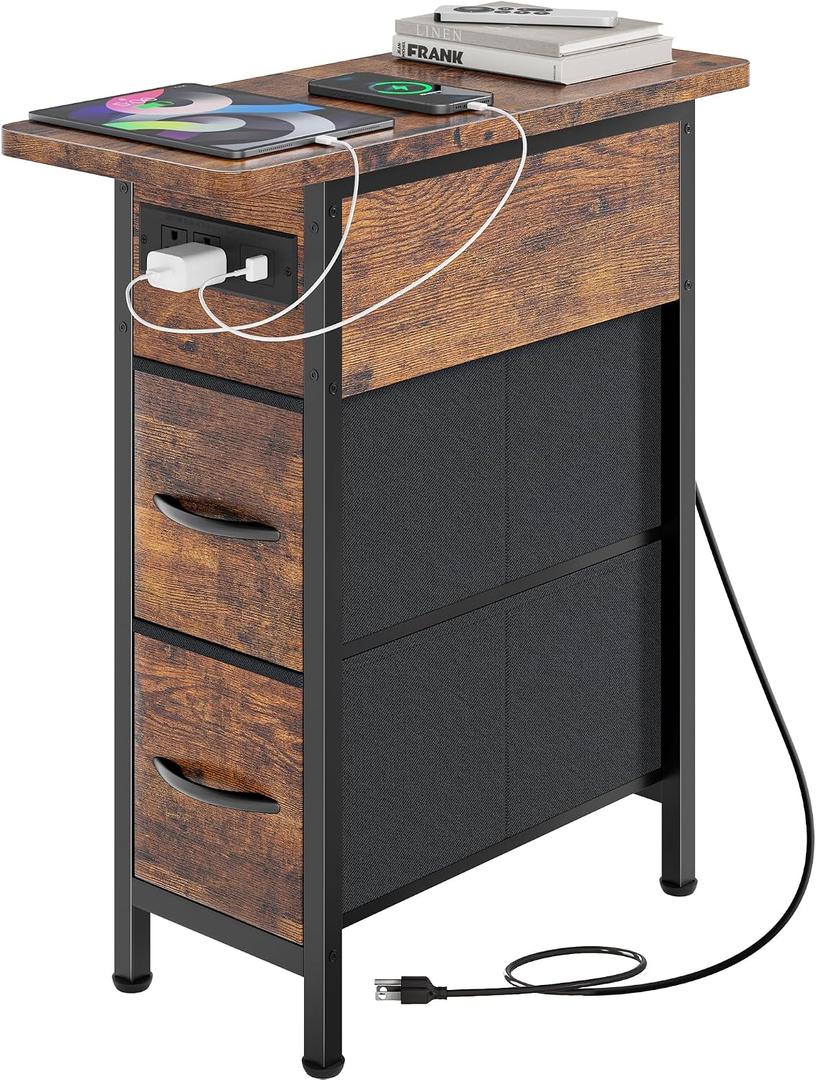 Huuger Narrow End Table with Charging Station, Side Table with 2 Drawers Slim Night Stand with USB-C Port for Small Spaces, Flip Top Nightstand Bedside Couch Table, Living Room, Rustic Brown 9 "W