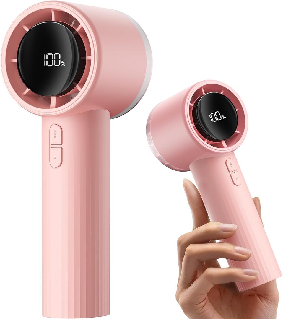 SWEETFULL Portable Handheld Fan Rechargeable - 6 Gear High Speed Powerful Mini Turbo Fan with Flashlight, Digital Display, Personal Fans Blow Cold Air for Travel Essentials, Gift for Women Men (Pink)