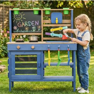 Wooden Outdoor Mud Kitchen for Kids, Pretend Play Kitchen Playset with Removable Sink, Faucet, Stove Top, Planting Area & Cooking Accessories, Toddler Gift for Boys Girls Ages 3+ (Blue), 20 inches x 11.9 inches x 31.5 inches