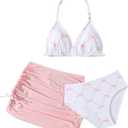 Verdusa Girl's 3 Piece Cute Swimsuit Bow Bikini Set Halter Triangle High Waisted Bathing Suit with Cover Up Pink 8 Years