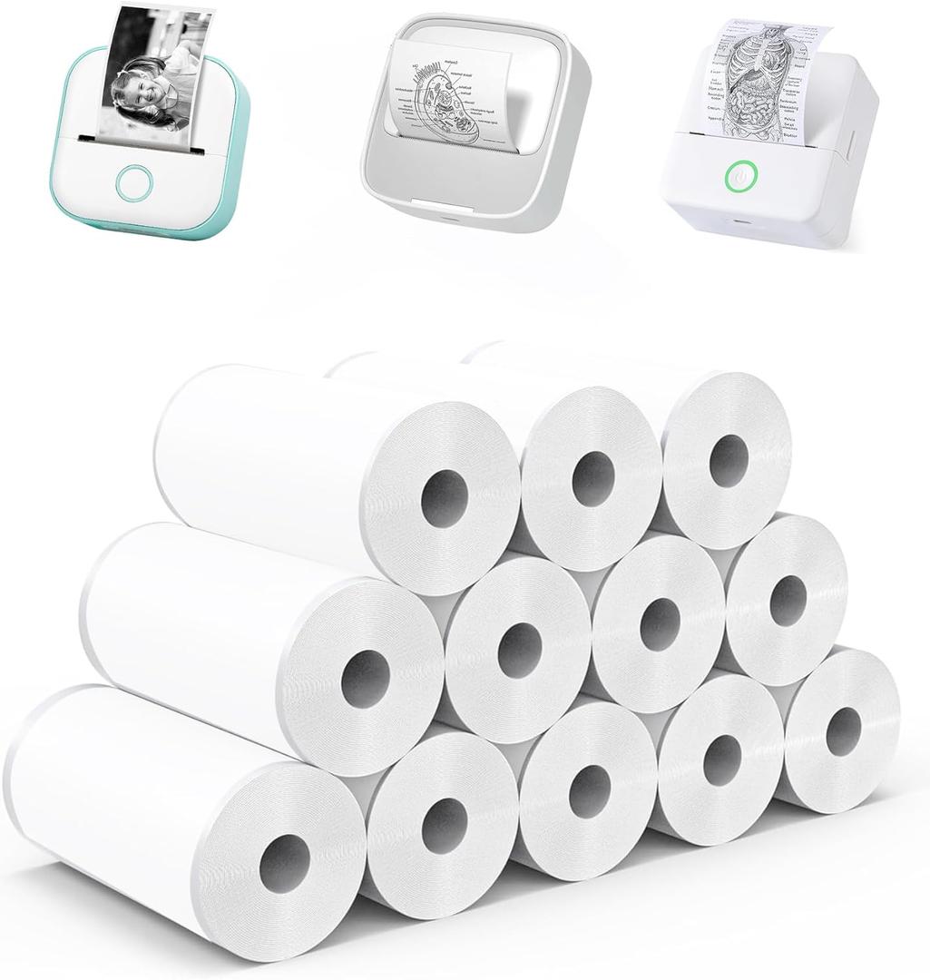 12 Rolls Mini Thermal Printer Sticker Paper Self-Adhesive, Notebuddy Mini Printer Sticker Maker Paper for Kids Instant Camera Refill and Study Notes, Photo, DIY, Scrapbooking, 57x25mm, White