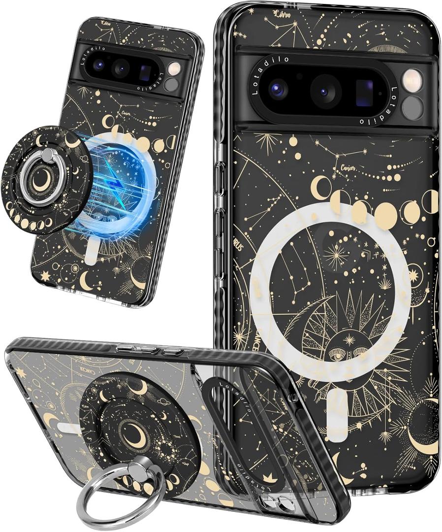 Cute for Google Pixel 8 Pro Case - Compatible with Magsafe Magnetic Ring Holder Stand Kickstand for Women Girls Girly Funny Fashion Pretty TPU Phone Covers Constellation Design