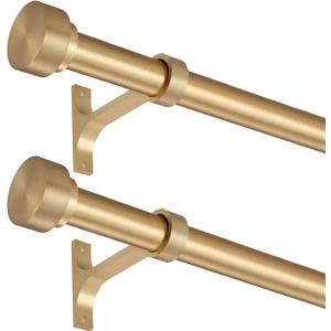 2 Pack Heavy Duty 1 Inch Diameter Single Curtain Rods 72-144” Adjustable Window Curtain Rod with with Cylindrical Cap Finials, Wall Mount and Ceiling Mount, Warm Gold