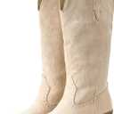 IUV Suede Cowboy Boots For Women Chunky Heel Pointed Toe Cowgirl Boots Mid Calf Western Embroidery fall Boot (6.5, Camel)