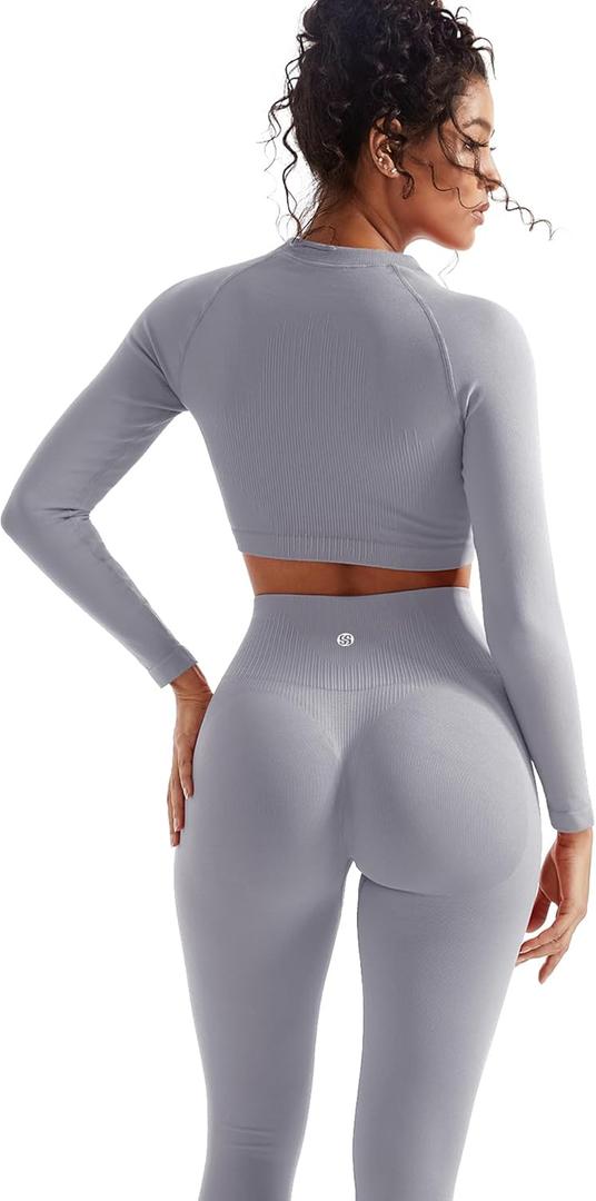 SUUKSESS Women 2 Piece Workout Sets Hidden Scrunch Hip Lifting Seamless Leggings Long Sleeve Yoga Crop Tops (Medium, Washed Blue)