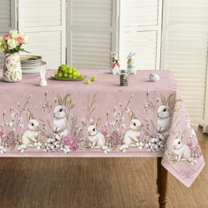Horaldaily Easter Tablecloth 6084 Inch Rectangular, Pink Easter Bunny Flowers Washable Seasonal Table Cover for Party Picnic Dinner Decor