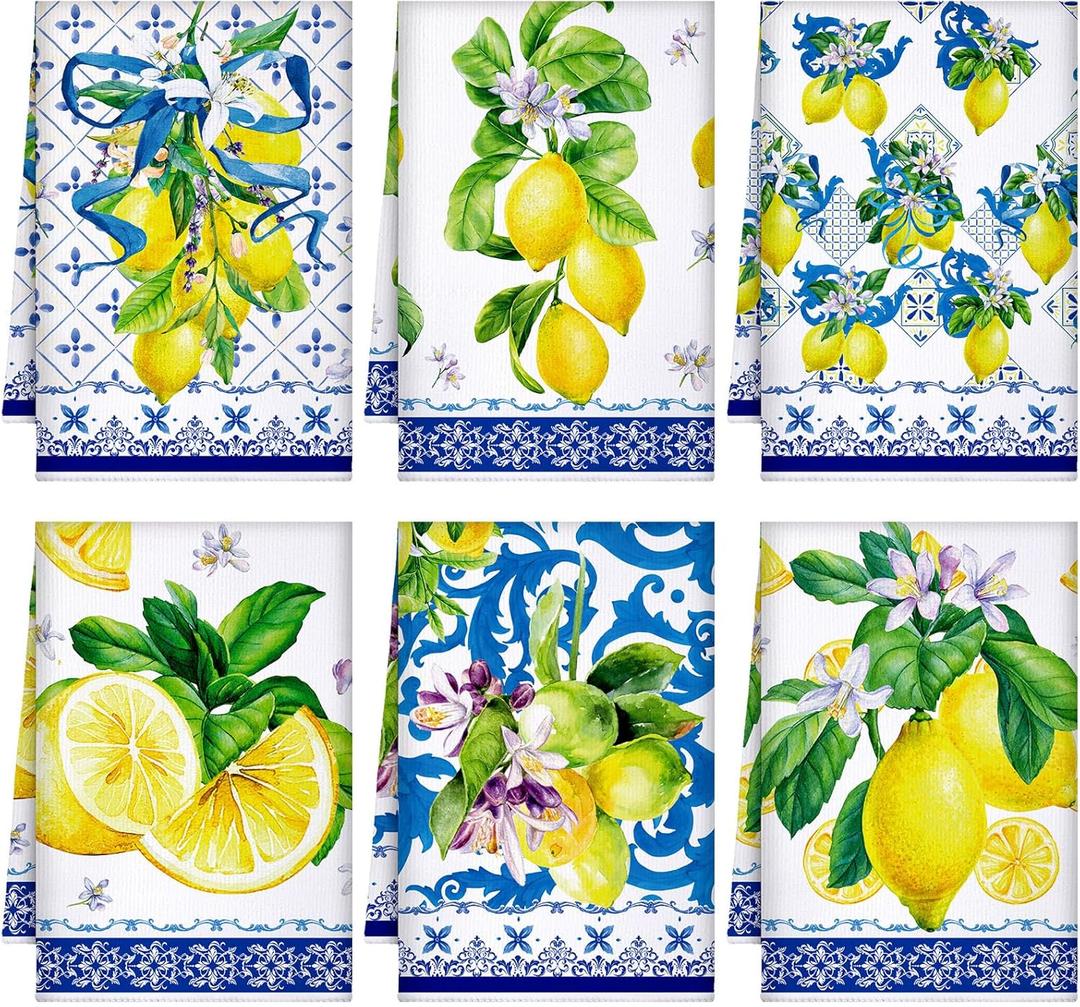 Geyoga 6 Pieces Blue and White Lemon Kitchen Towels Set Absorbent Dish Towels Decorative Tea Washcloth for Spring Summer Kitchen Bathroom Home Decor, 16 x 24 Inch (Blue, White)