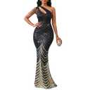 Cololura Women Sequin Elegant Sexy One Shoulder Tassel Oblique Collar Mermaid Bodycon Cocktail Evening Dress Size M, Black-curve