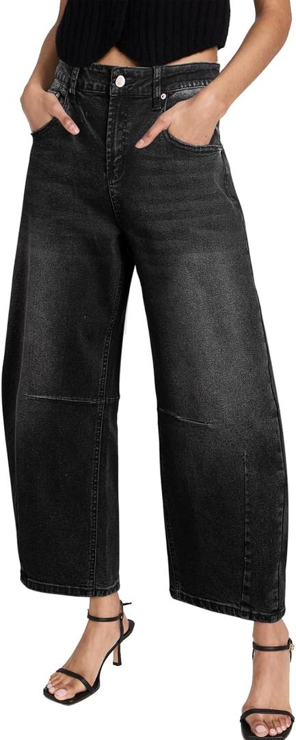 Sidefeel Women's Barrel Jeans Wide Leg Vintage Mid Rise Y2k Baggy Boyfriend Ankle Denim Pants (6, Black)