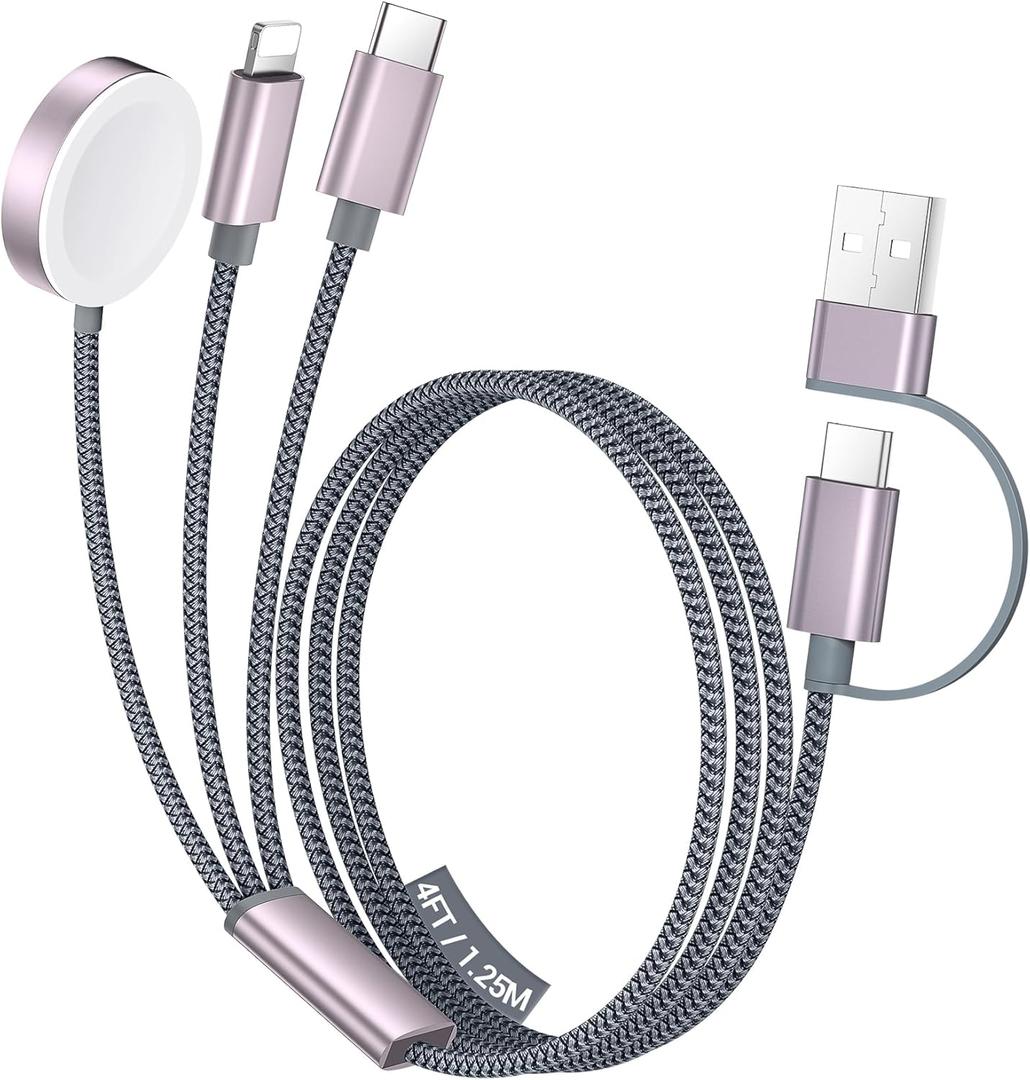 Temdan for Travel Essentials,3 in 2 USB C Cable for Apple Watch Charger/iPhone 17 Charger/Lightning,Multi Charging Cable Cord,Vacation Camping Essentials,Portable Designed for iWatch &iPhone 16-12-4FT (Grey)