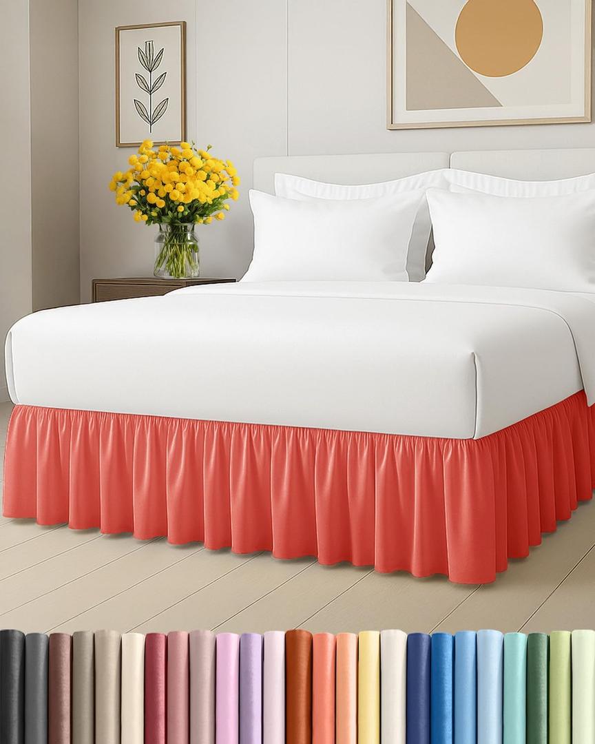 Bedskirt Queen Size Ruffle - 12 inch Drop Dust Ruffle Bed Skirt with Platform - Ultra-Soft, Easy Fit, Premium Hotel Quality - Wrinkle, Fade & Shrink Resistant - for Women, Men, Kids and Teens - Coral