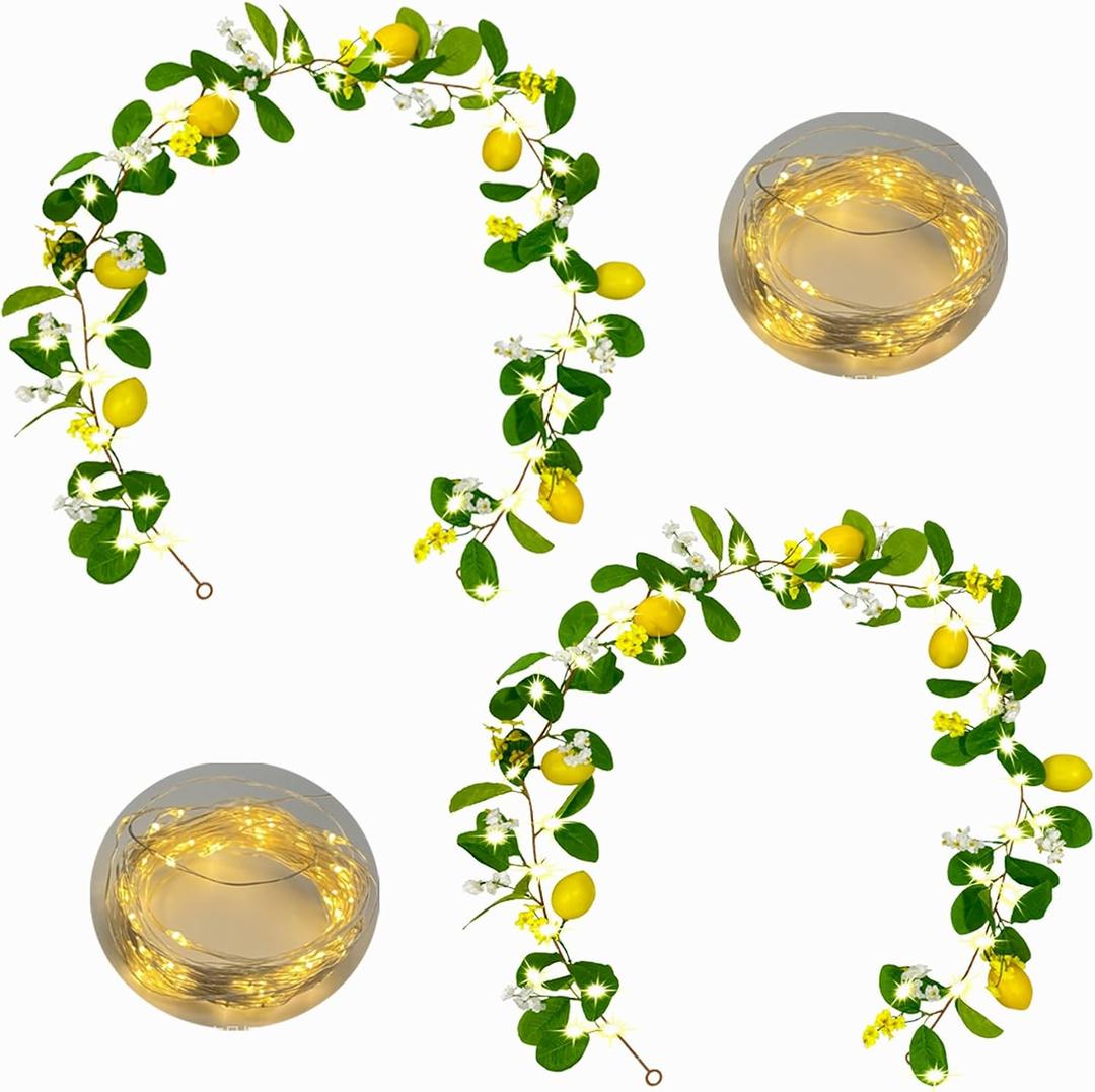 2Pcs Artificial Lemon Garland Spring Summer Greenery Vine Garlands with Lemons Dense Flowers Fairy Light Battery Powered for Door Wall Mantle Wedding Party Table Christmas Decorations