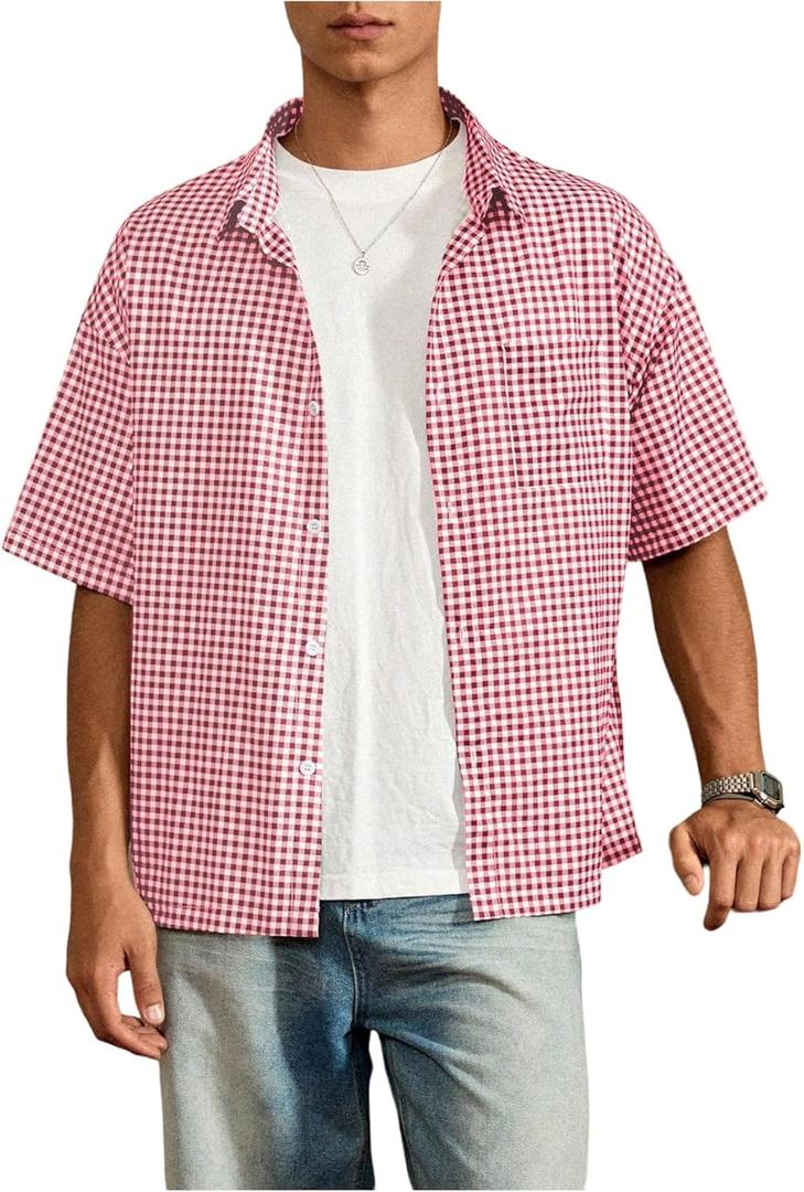 GORGLITTER Men's Plaid Button Up Crop Top Shirt Gingham Short Sleeve Tee Shirts (Red and White), Size L