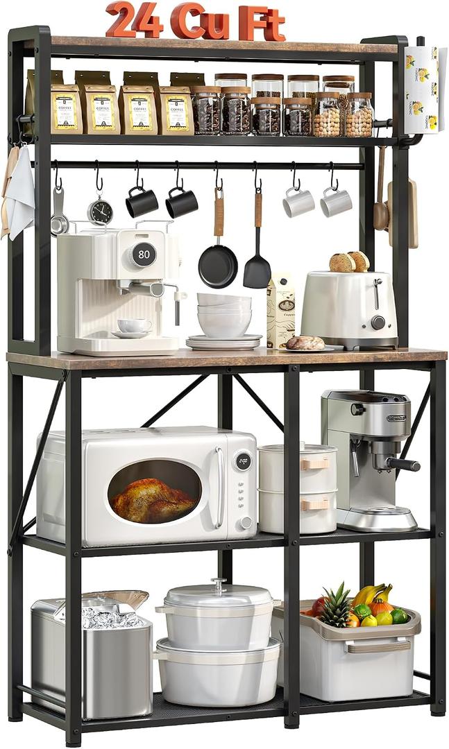 YASONIC Coffee Bar, Bakers Rack with Storage, 39.4 Inches Microwave Stand, 5 Tier Kitchen Shelves Appliance Storage, 12 S Hooks Large Coffee Station for Spices, Pots and Pans, Rustic Brown