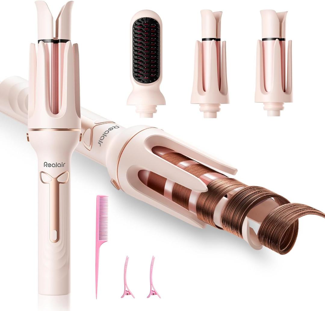 Automatic Curling Iron Beach Wave Curling Wand, Ceramic Coated, Straightening Brush, 1inch and 1.25 inch Portable 3-in-1Hair Curler, 2-Way Rotation Curler 4 Temperatures, 30 Min Auto Shut-Off