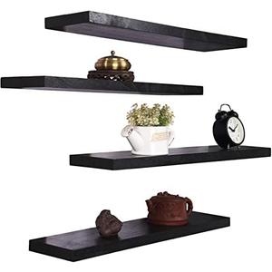 HXSWY Wood Floating Shelves for Wall, Wooden Wall Shelves for Bedroom, Wall Mounted Shelves for Living Room, Set of 4 Black 24 Inch
