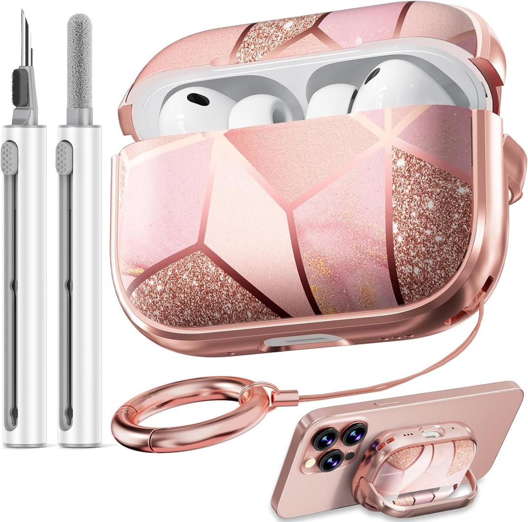 Inesore for AirPods Pro 3 Case 2025 with Lock, for Women Girly Floral Cute Case Compatible with Apple Airpods Pro 3rd Generation Cover, with Phone Stand,Keychain & Cleaner Kit-Pink Gold Marble