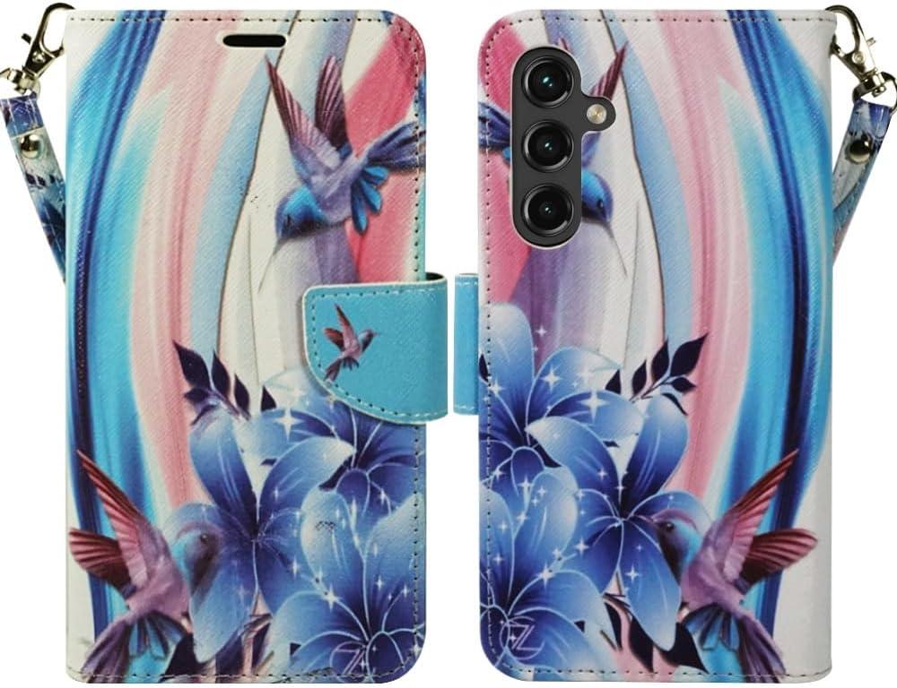 2 x Zase Design for Samsung Galaxy A35 5G Wallet Phone Case Protective Flip Cover Purse Cute Woman Girls Premium PU Leather Folio w/Kickstand ID Card Slot Wrist Strap Magnetic Lock (Blue Bird)