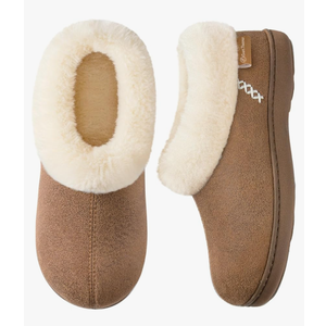 EverFoams Women's Microsuede Cozy Memory Foam Winter Slippers with Fuzzy Faux Fur Collar and Indoor Outdoor Rubber Sole Light Brown 7-8
