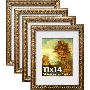 11x14 Vintage Picture Frames,Antique Frames with White Mat for 8x10 Picture,Gold Frames for Wall Decor,4 Pack Ornate Picture Frames,Gold