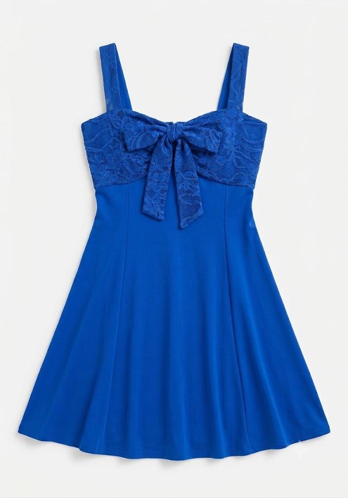 Women's Elegant Royal Blue A-Line Dress with Lace Bodice and Front Bow Detail M 