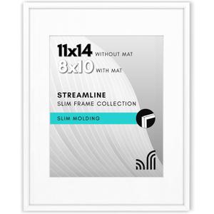 Americanflat 11x14 Picture Frame with Shatter-Resistant Glass - Use as 8x10 Frame with Mat or Display 11x14 Photo Without Mat - Streamline Collection - Thin Border Picture Frames for Wall - White
