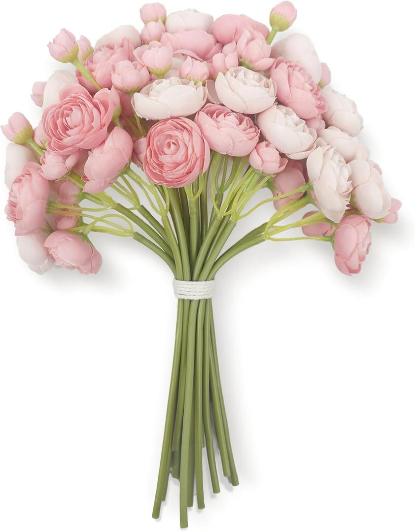 18Pcs Mini Ranunculus Artificial Flowers (1.5" Head) - Premium Faux Silk Filler Flowers for Wedding Bouquet, DIY Centerpieces - Vibrant Green Stems (Fresh Look) - Dusty Rose