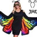 Halloween Women Cold Shoulder Butterfly Costume Halloween Outfit with Flexible Headband and Lace Mask Neon M