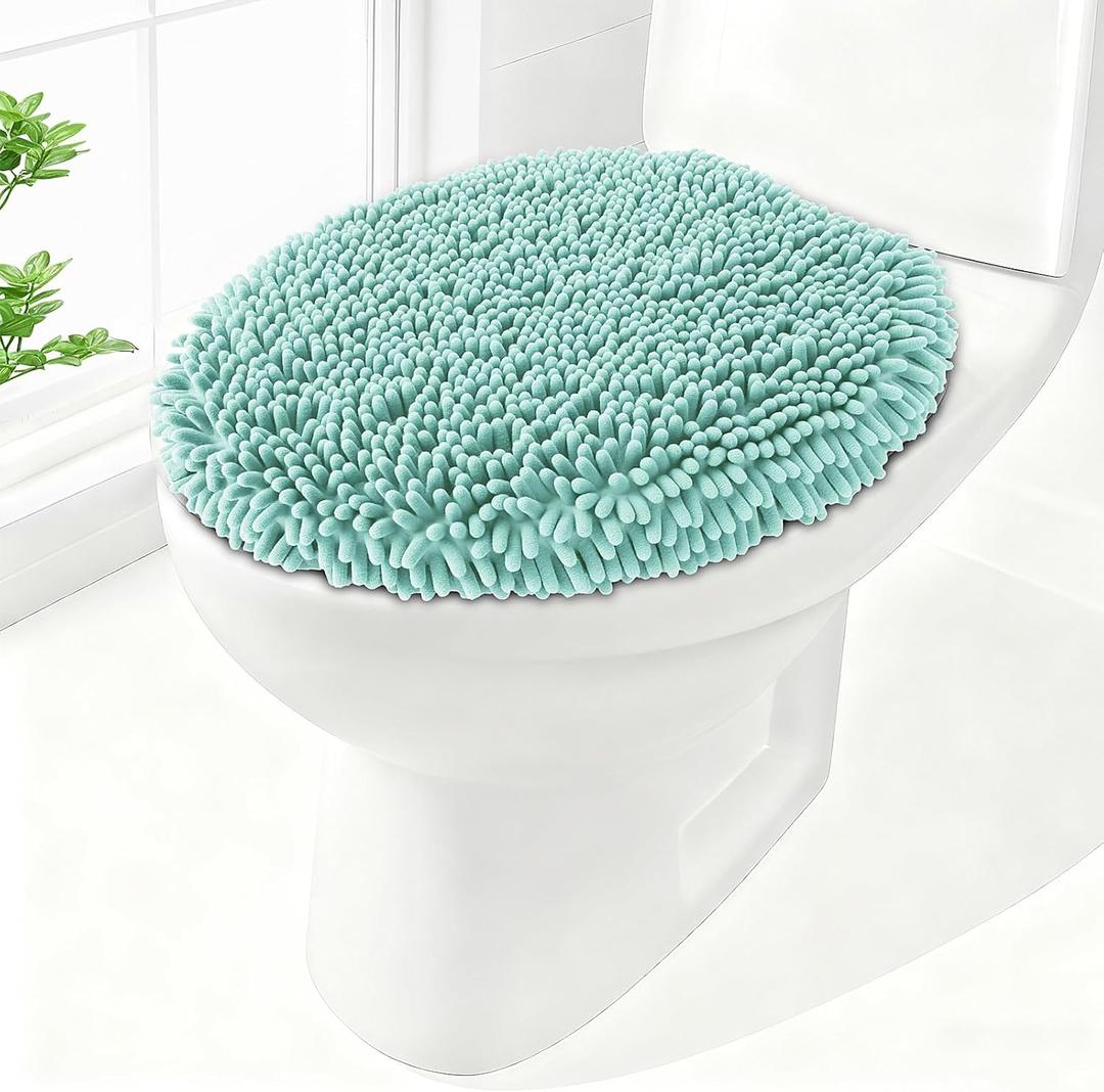 Soft Chenille Toilet Lid Cover 19.5L x 18.5W Machine Washable Toilet Seat Cover Adjustable Rubber Backing Fits Most Round Elongated and Oblong Lids (Light Blue)