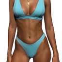 Bathing Suits for Women Deep V Neck Sexy Two Piece Bikini Sets for Women Thong Halter Cheeky Swimsuit (US, Alpha, Small, Regular, Regular, Sky Blue)