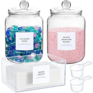 Glass Jars and Dryer Sheet Holder, Dispenser Set with Lids and Labels, Containers for Laundry Room Organization and Storage, Half Gallon Airtight Glass jars, Acrylic Storage Box for Laundry supplies, (Clear)