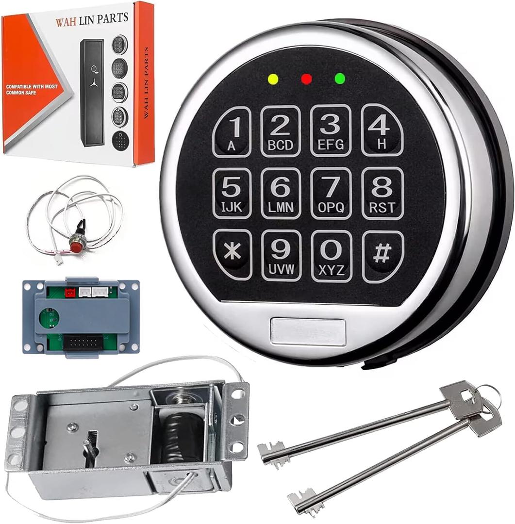 Safe Lock Replacement Electronic Safe Lock with Solenoid Lock & 2 Override Keys, Chrome Keypad High Security Fireproof Safe Box and More