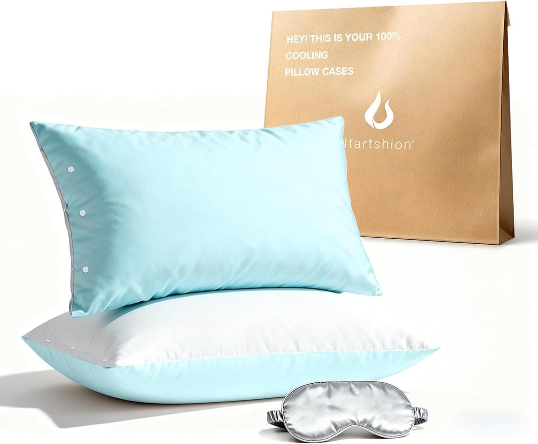 Cooling Pillow Cases Queen Size 2Pc, Qmax >=4.5, Cooling Pillowcases for Hot Sleepers, Cool Pillow Covers with Envelope Closure, Gifts,Light Blue & Light Grey, 20x30 Inches