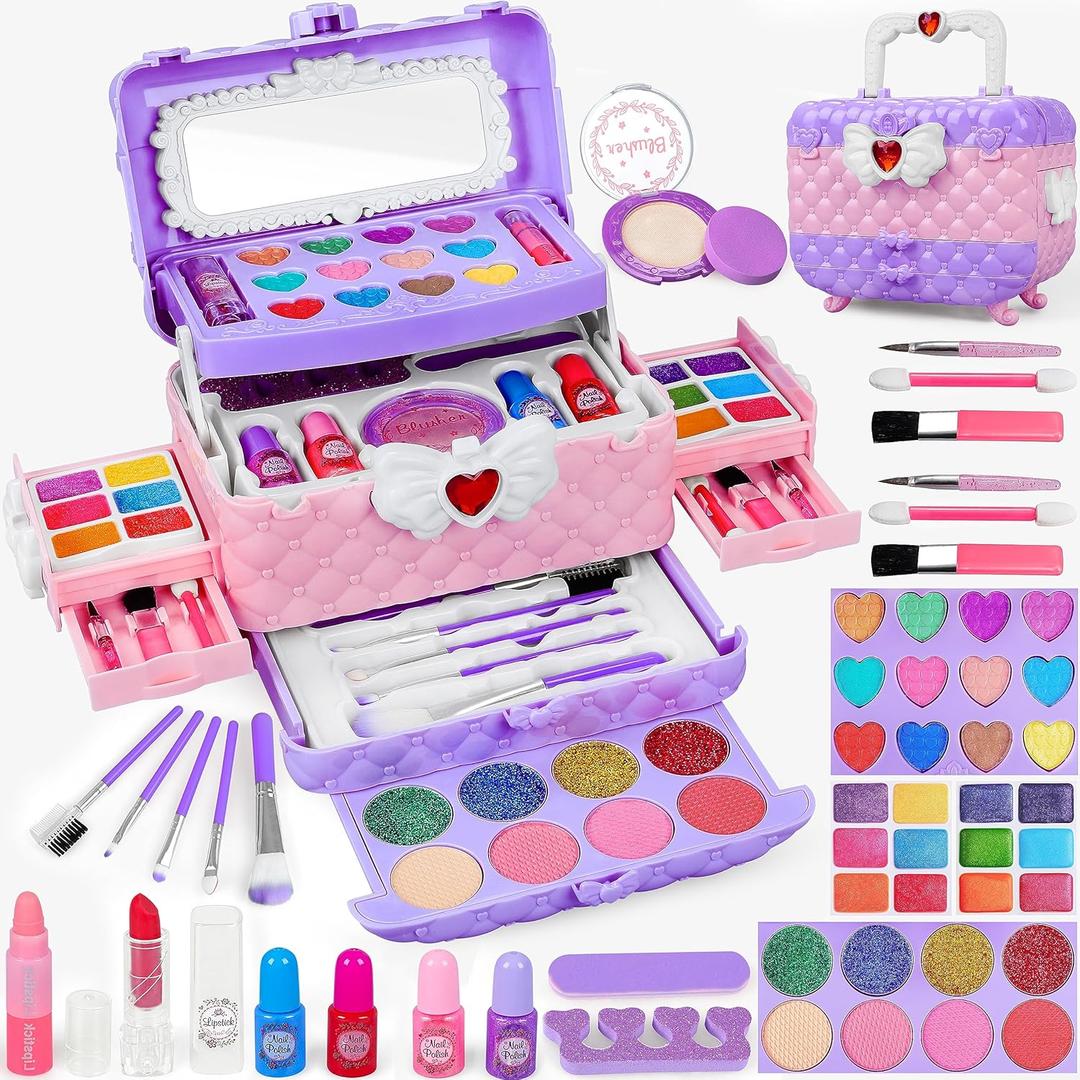 Dpai Kids Makeup Kit for Girls, Princess Real Washable Pretend Play Cosmetic Set Toys with Mirror, Birthday Gifts for 3-10+ Years Old Girls Kids (Light Purple)