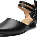 Women's Retro Bow Mary Jane Low Chunky Heel Pumps Closed Toe Ankle Strap D'Orsay Hook and Loop Side Bow Round Toe Dressy Wedding Party Shoes (8, Black Matte)